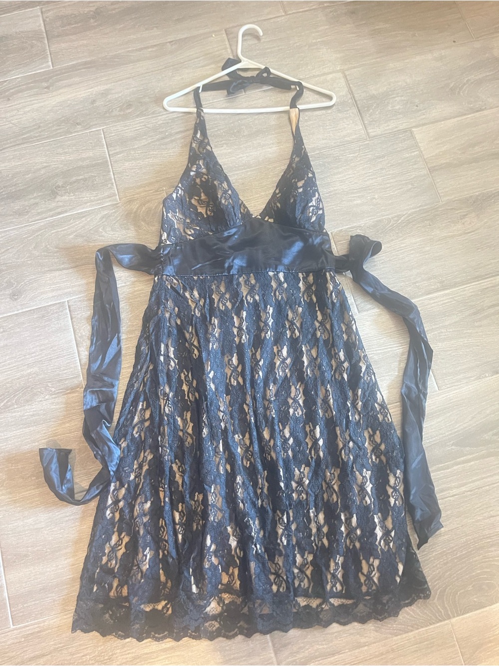 connected apparel Black Lace Halter Dress with Nude Lining
